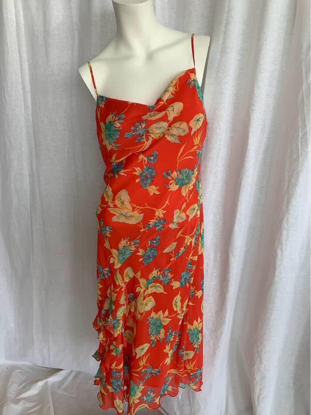 Red Floral Midi Slip Dress with Teal & Cream Blooms